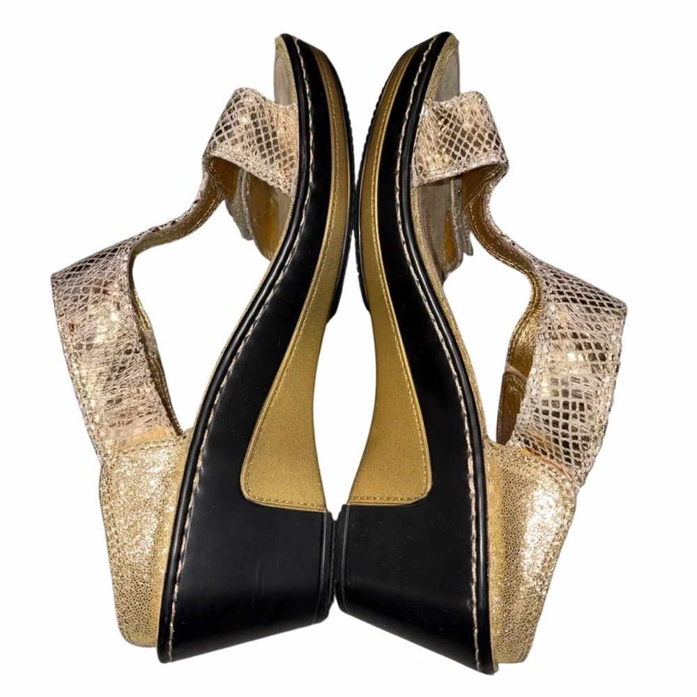 Alegria Lara Gold Metallic Snake Print Wedge Slide Sandals Shoes size 39